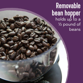 Removable grinding chamber for easy cleaning on the Mr. Coffee burr mill.