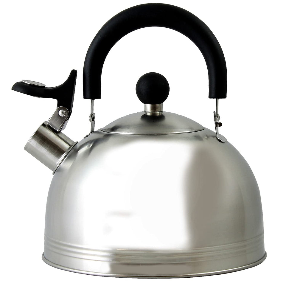 Mr. Coffee Carterton tea kettle with mirror finish and safe, easy-pour spout.