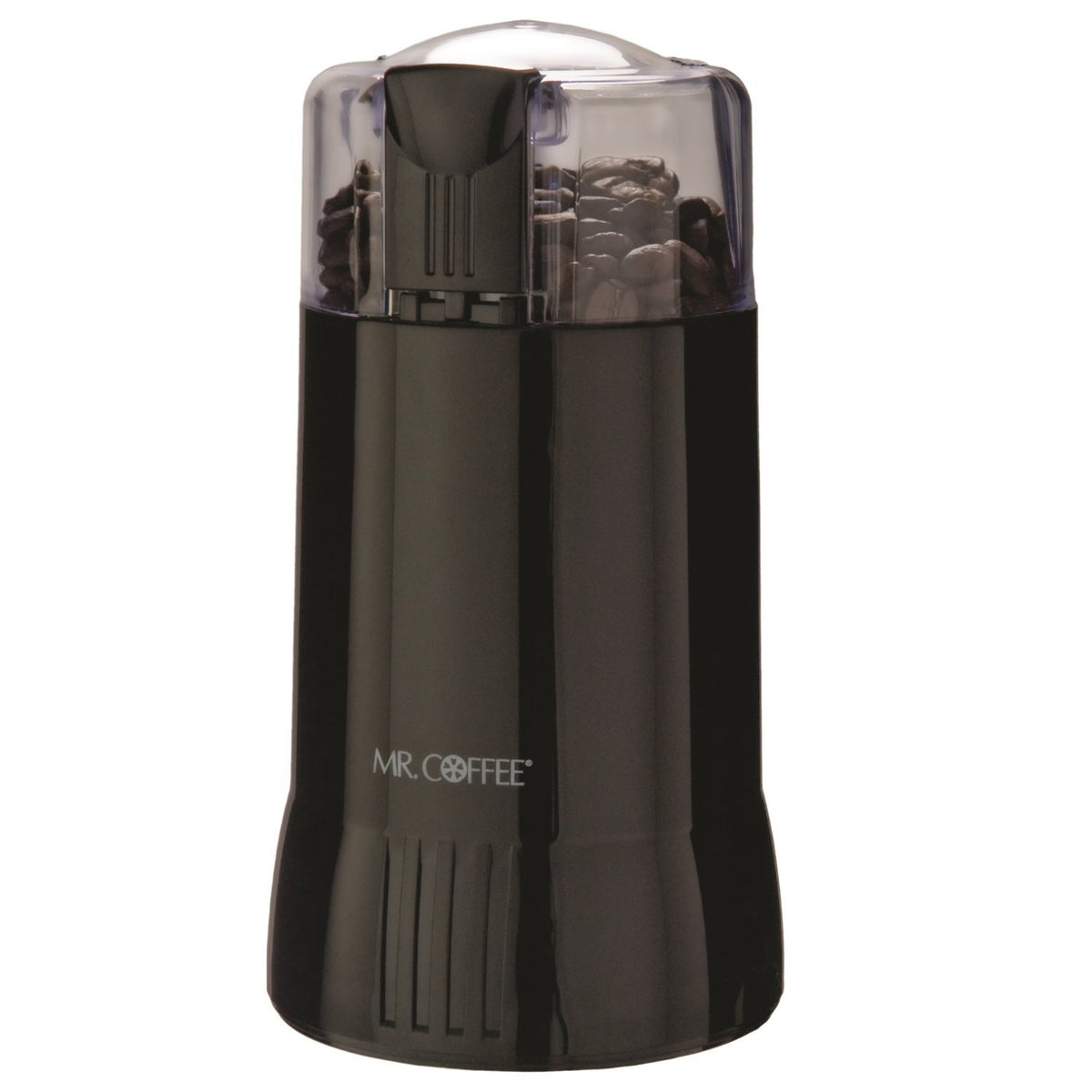 Mr. Coffee Electric Grinder shows grind settings ranging coarse to super-fine for varied brews.