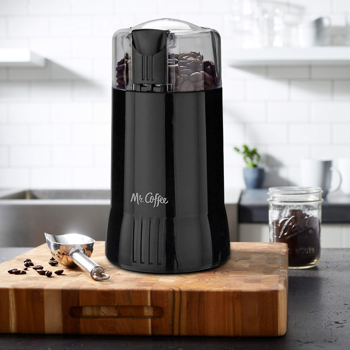 Mr. Coffee grinder compact size with 36 inch cord for easy kitchen setup.