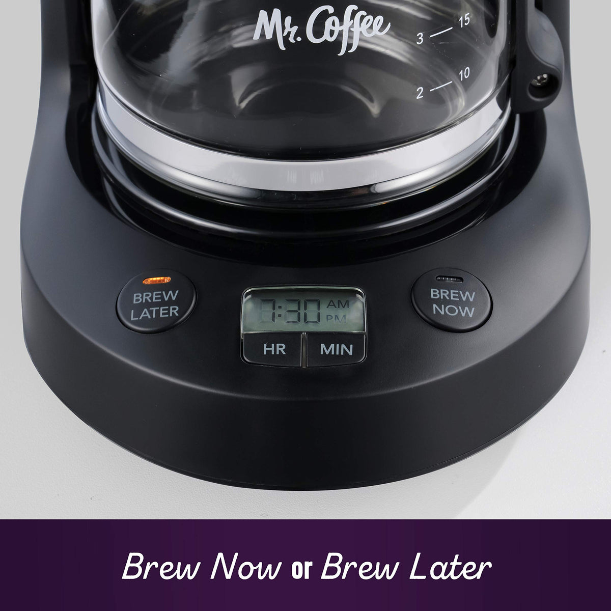 Mr. Coffee glass carafe with ounce markings supports precise measuring.