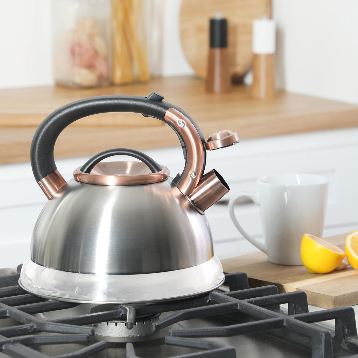 Mr. Coffee Flintshire kettle showcases copper-finish accents for stylish boiling.