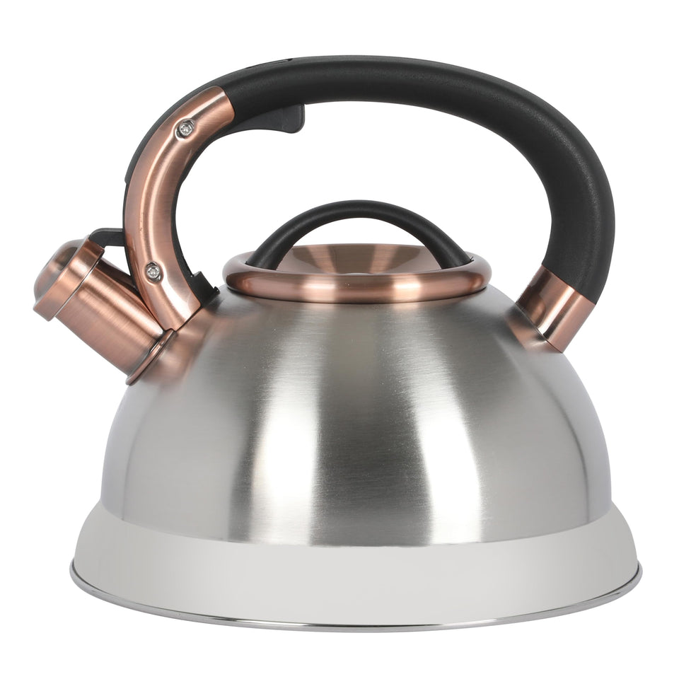 Mr. Coffee Flintshire kettle with whistle-spout enables quick, one-handed pouring for tea or coffee.