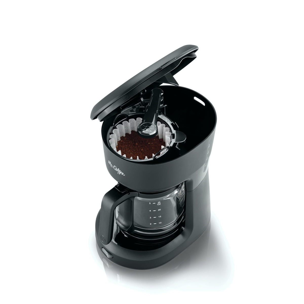 Mr. Coffee glass carafe with clear pour spout supports easy serving.
