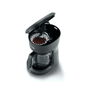 Mr. Coffee glass carafe with clear pour spout supports easy serving.