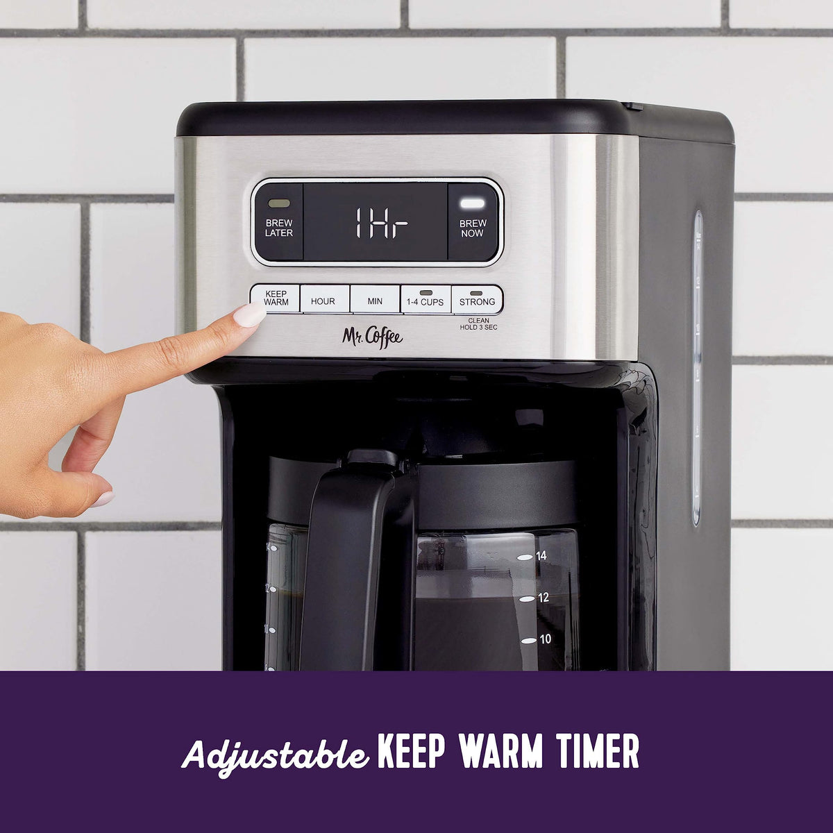 Mr. Coffee keep-warm display shows adjustable temperature for hours