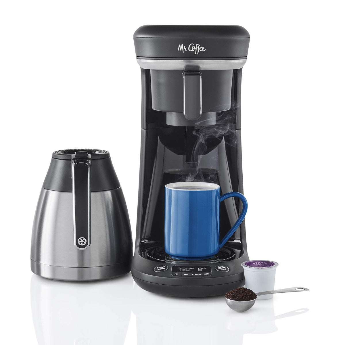 Mr. Coffee pod and 10-cup combo brewer demonstrates space-saving versatility for small kitchens.
