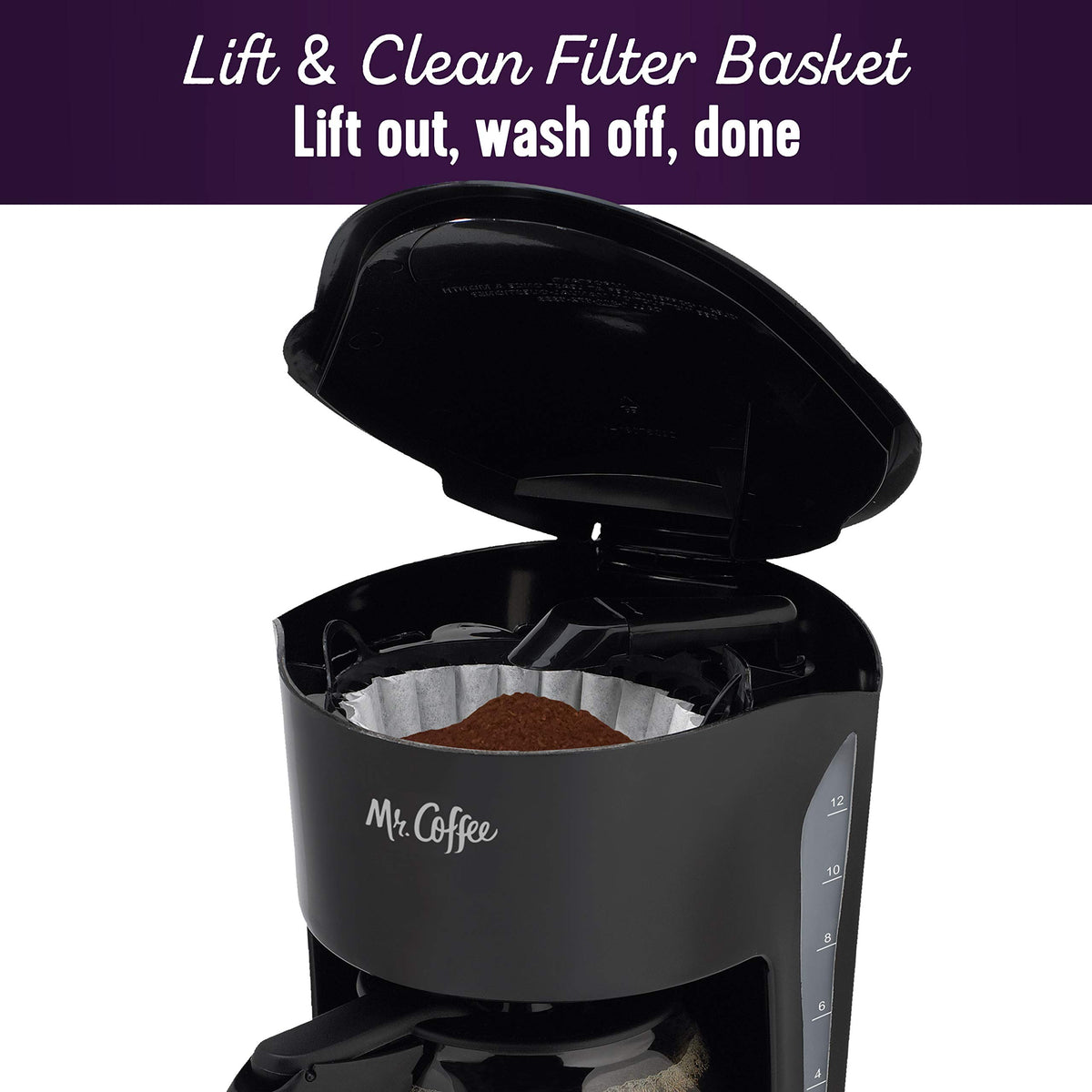 Mr. Coffee removable basket filter enables quick, mess-free filling and cleaning
