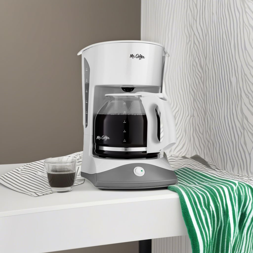 Mr. Coffee Simple Brew 12-Cup in-brew cycle highlights the pause feature for quick pours.