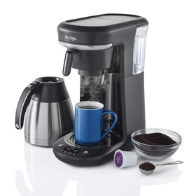 Mr. Coffee single-serve pod brewing in action for quick, customizable cups.