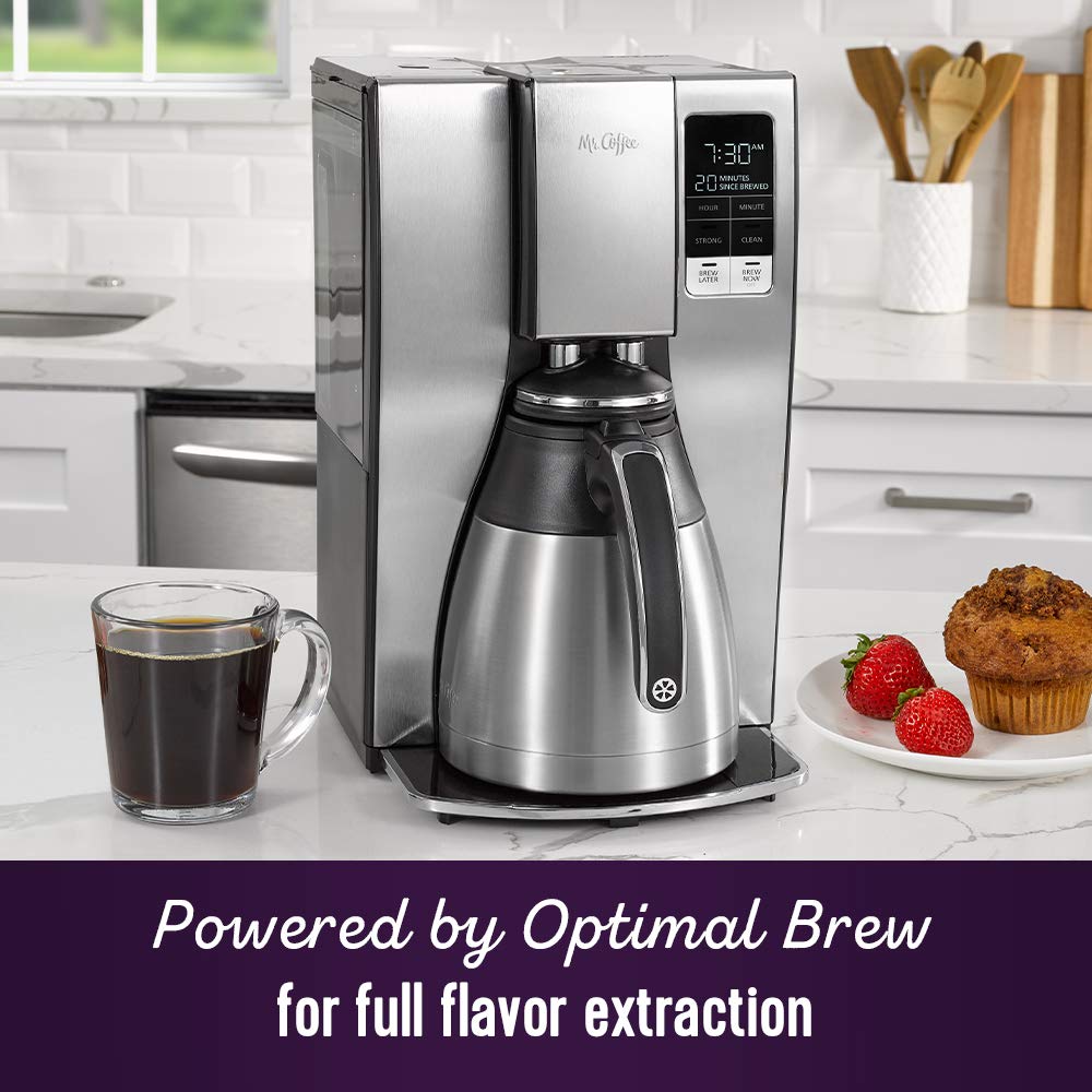 Mr. Coffee insulated thermal carafe keeps coffee hot for hours.