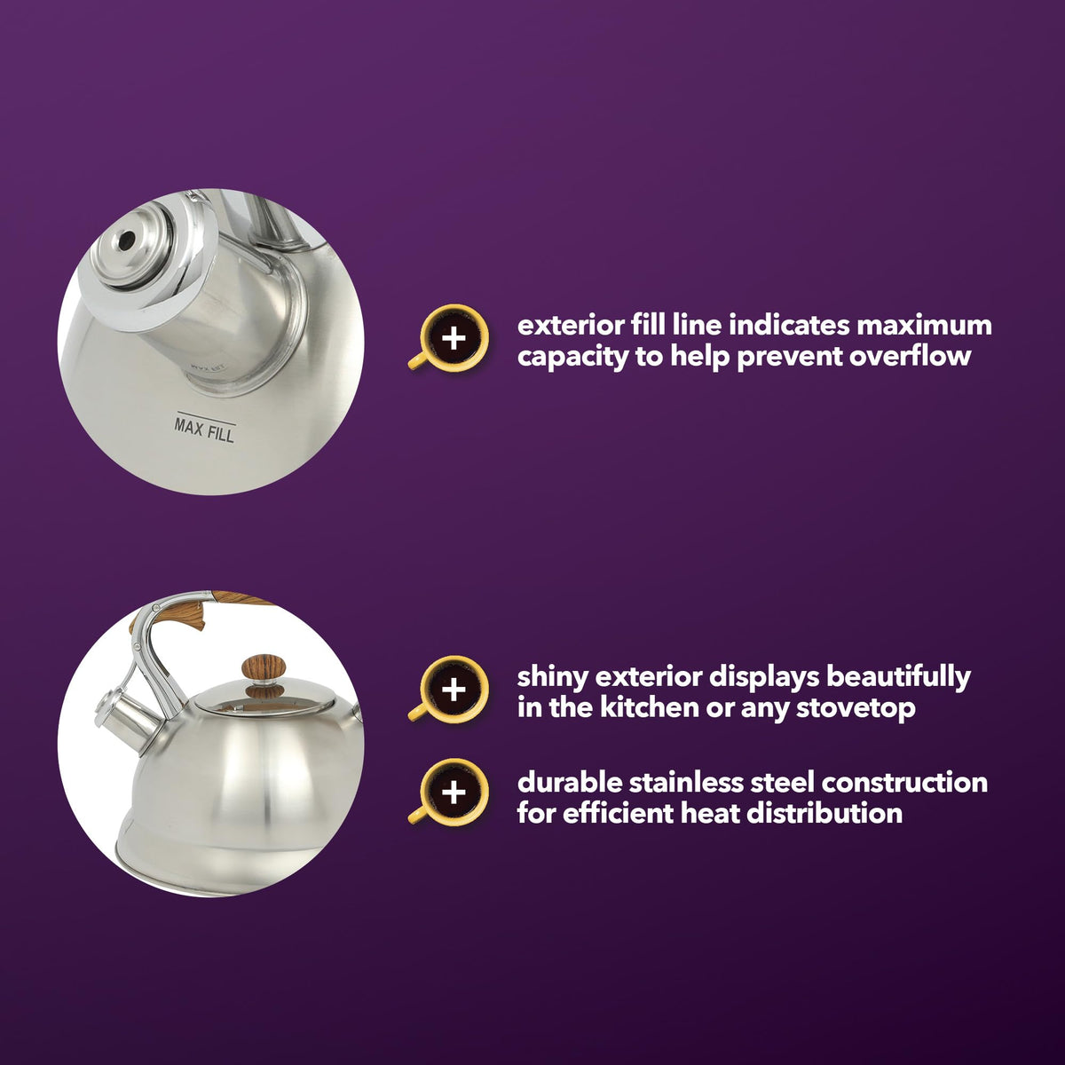 Induction-safe Woodmont kettle heats evenly across cooktops for versatile use