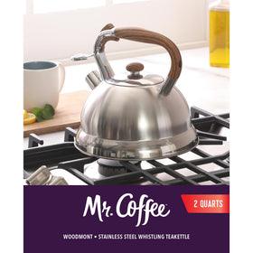Shiny stainless steel Woodmont kettle body adds durable style to your stovetop