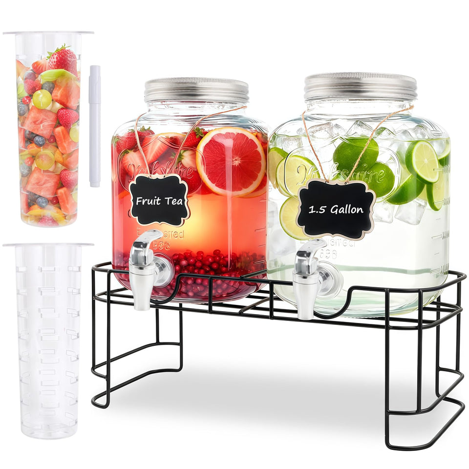 MR.KIANGCI 1.5 gallon glass drink dispenser set, front view, ideal for parties.