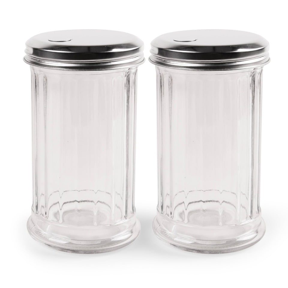 Mr. Kitchen two-pack glass sugar jars with lids for retro diner-style countertops.