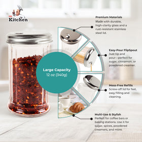 Mr. Kitchen glass salt shaker with pour spout for mess-free seasoning at the table.
