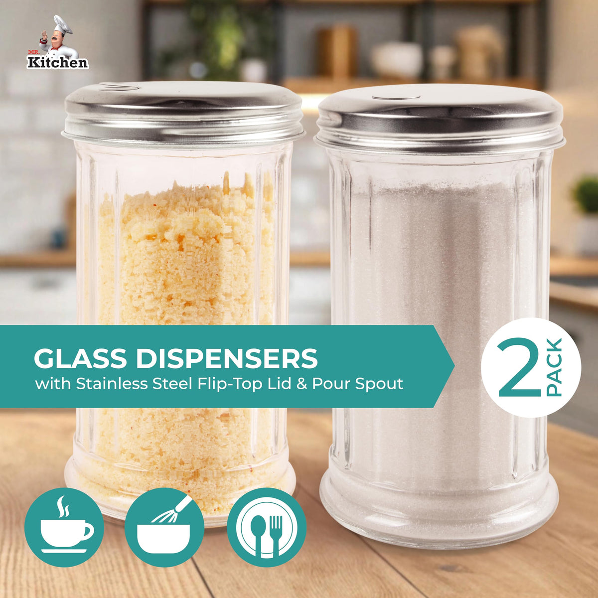 Mr. Kitchen sugar dispenser with pour spout, ideal for coffee stations and quick sugar dusting.