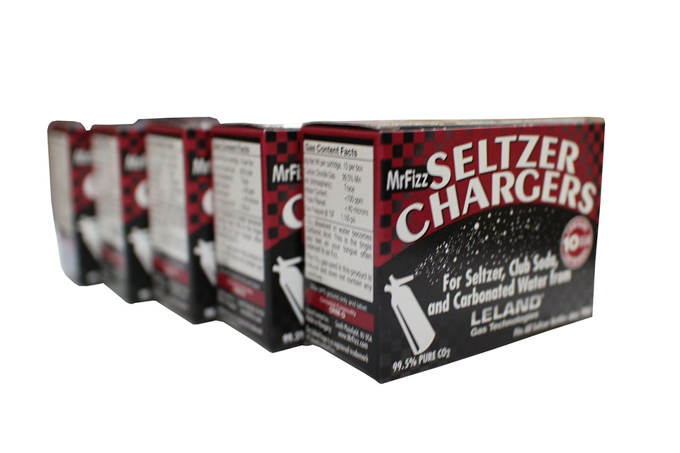 MrFizz Leland 8g CO2 charger in a box ready for home carbonation.