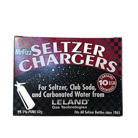 MrFizz Leland 8g CO2 charger shown with compatible soda siphons like iSi and Mosa.