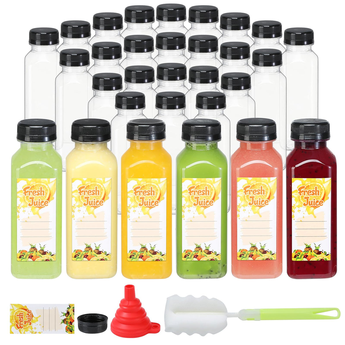 Mrhuazhai 30pc 10oz juice bottles with caps show clear contents for portion control.