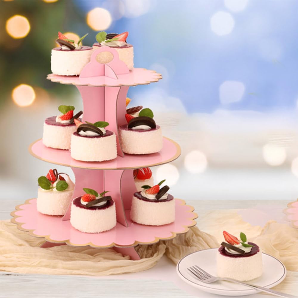 MRPAPA pink cupcake stand tiers present a three-layer dessert display for celebrations.