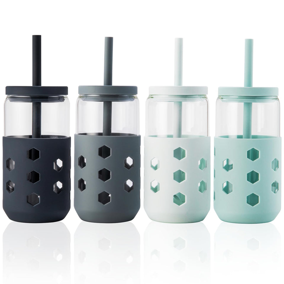 Mrsdry glass cups with lids and straws 4-pack for everyday coffee on the go
