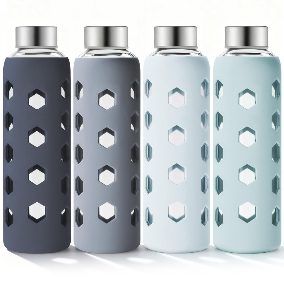 Mrsdry glass juice bottle with silicone sleeve for secure grip and splash protection.