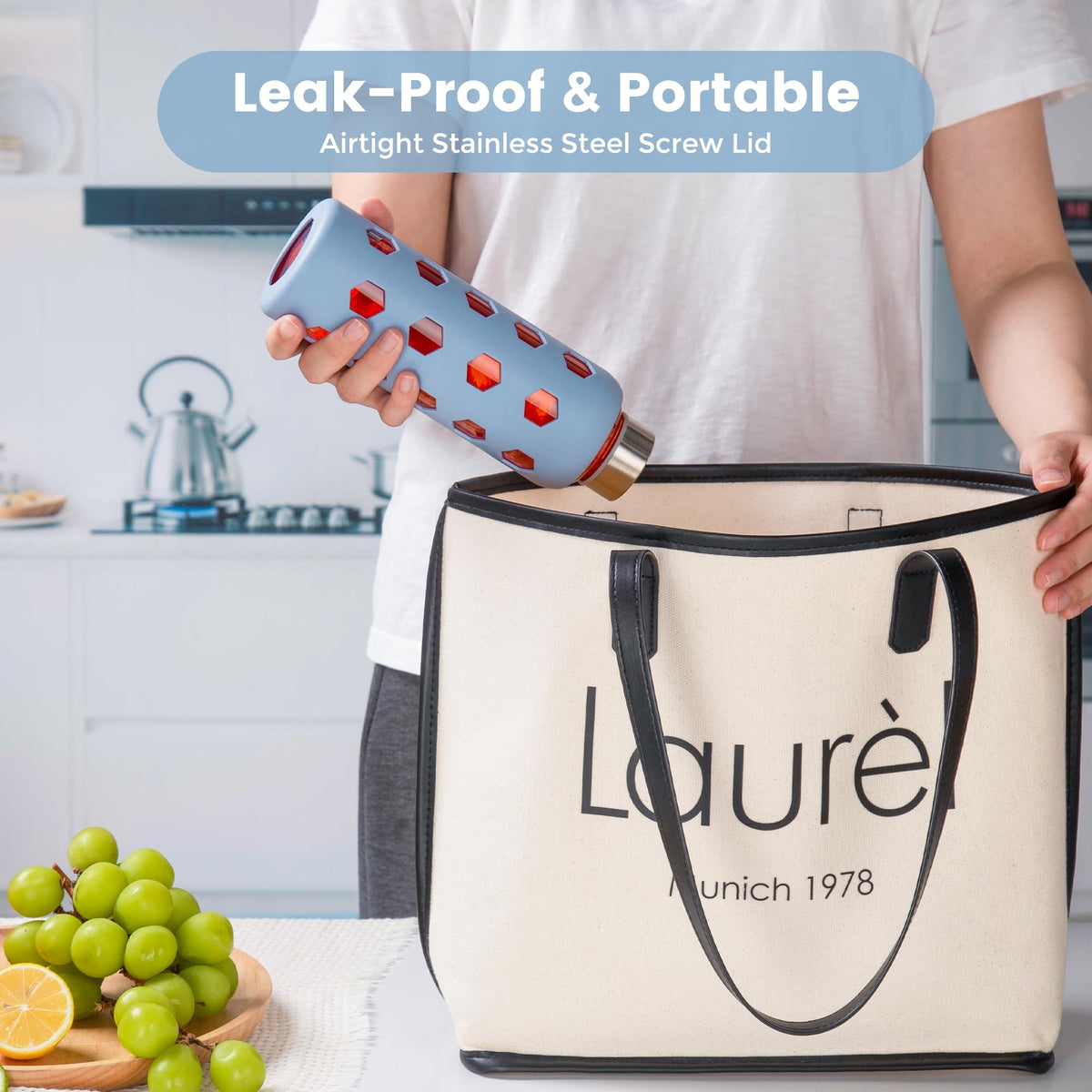 Mrsdry leak-proof bottle visible in a bag to prevent spills.