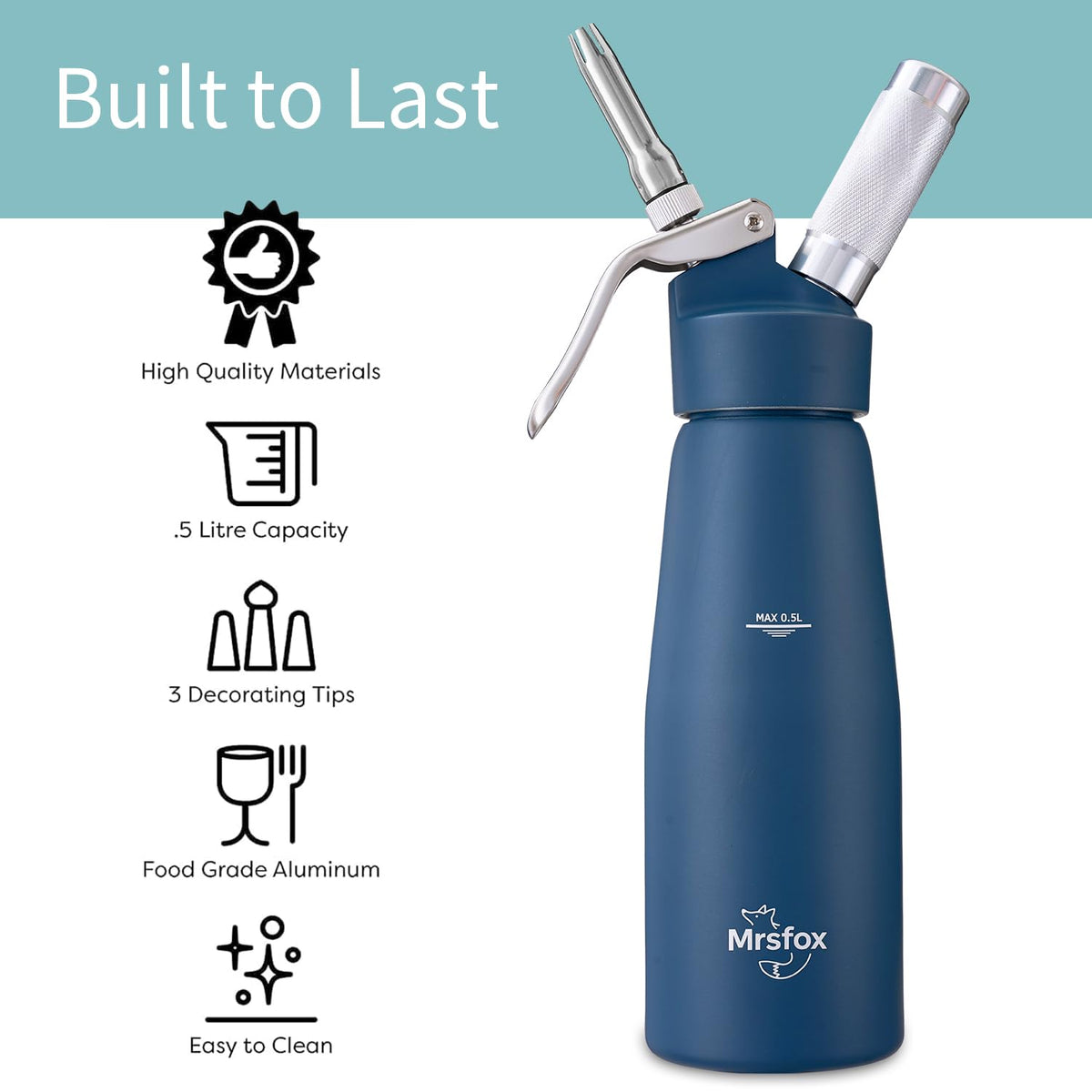 MrsFox leak-proof seal provides mess-free whipping and fridge storage.