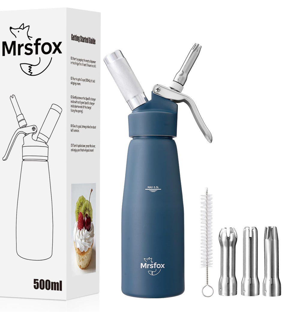 MrsFox professional aluminum whipped cream dispenser in blue for creamy toppings and desserts.