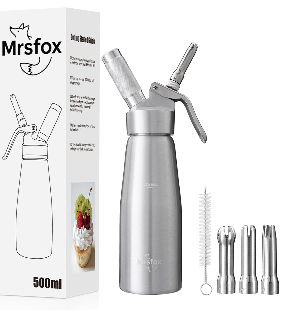 MrsFox whipped cream dispenser assembly for quick, professional dessert prep.