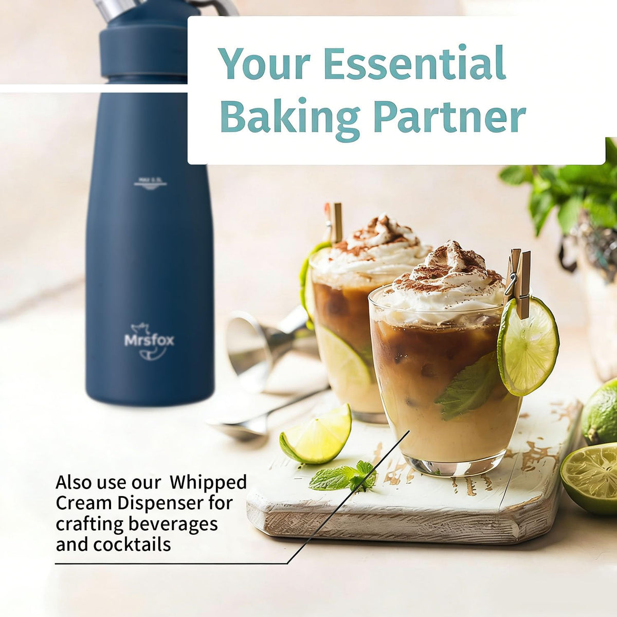 MrsFox whipped cream dispenser in action topping cappuccinos and desserts.