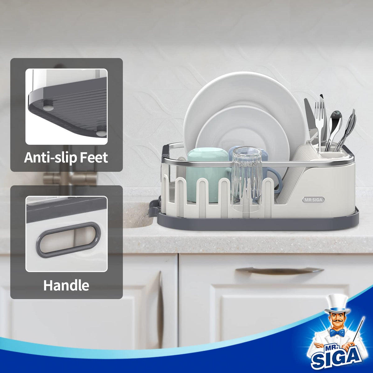 MR.SIGA dish drying rack anti slip feet protect counters during use