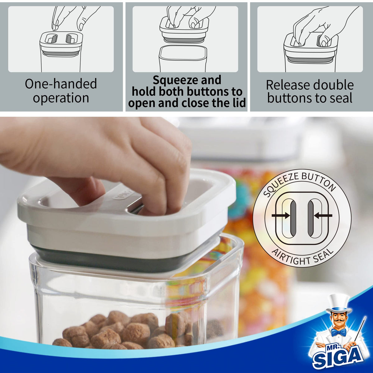 MR.SIGA one-handed lid operation shown for easy sealing with one hand.