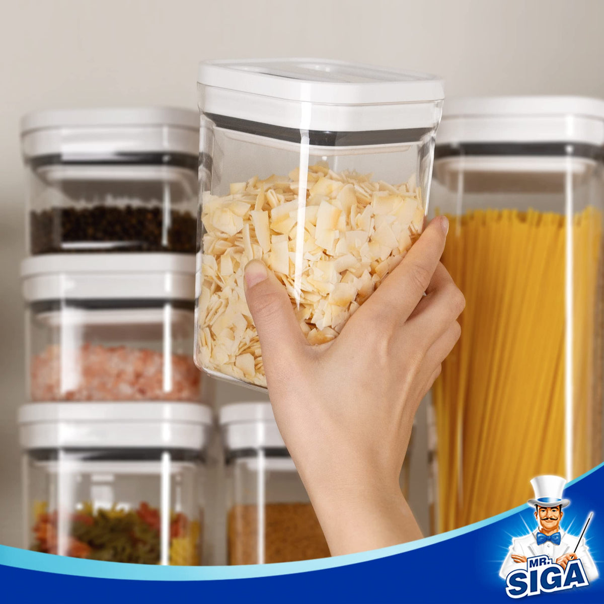 MR.SIGA compact stackable design maximizes cabinet space and reduces clutter.