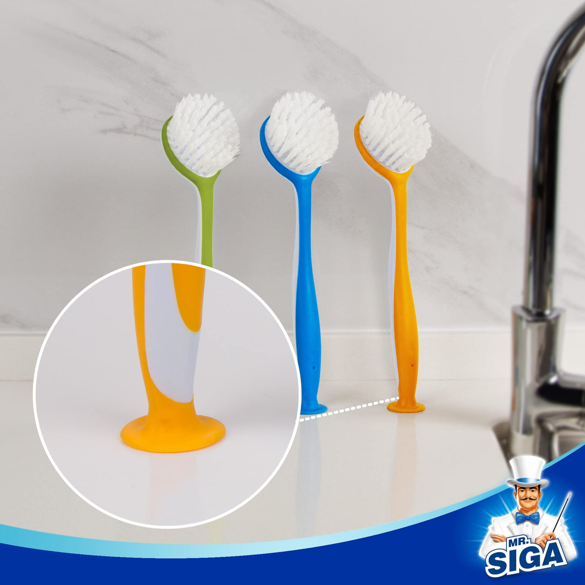 MR.SIGA Round Dish Brush pack of 3 for convenient replacement.
