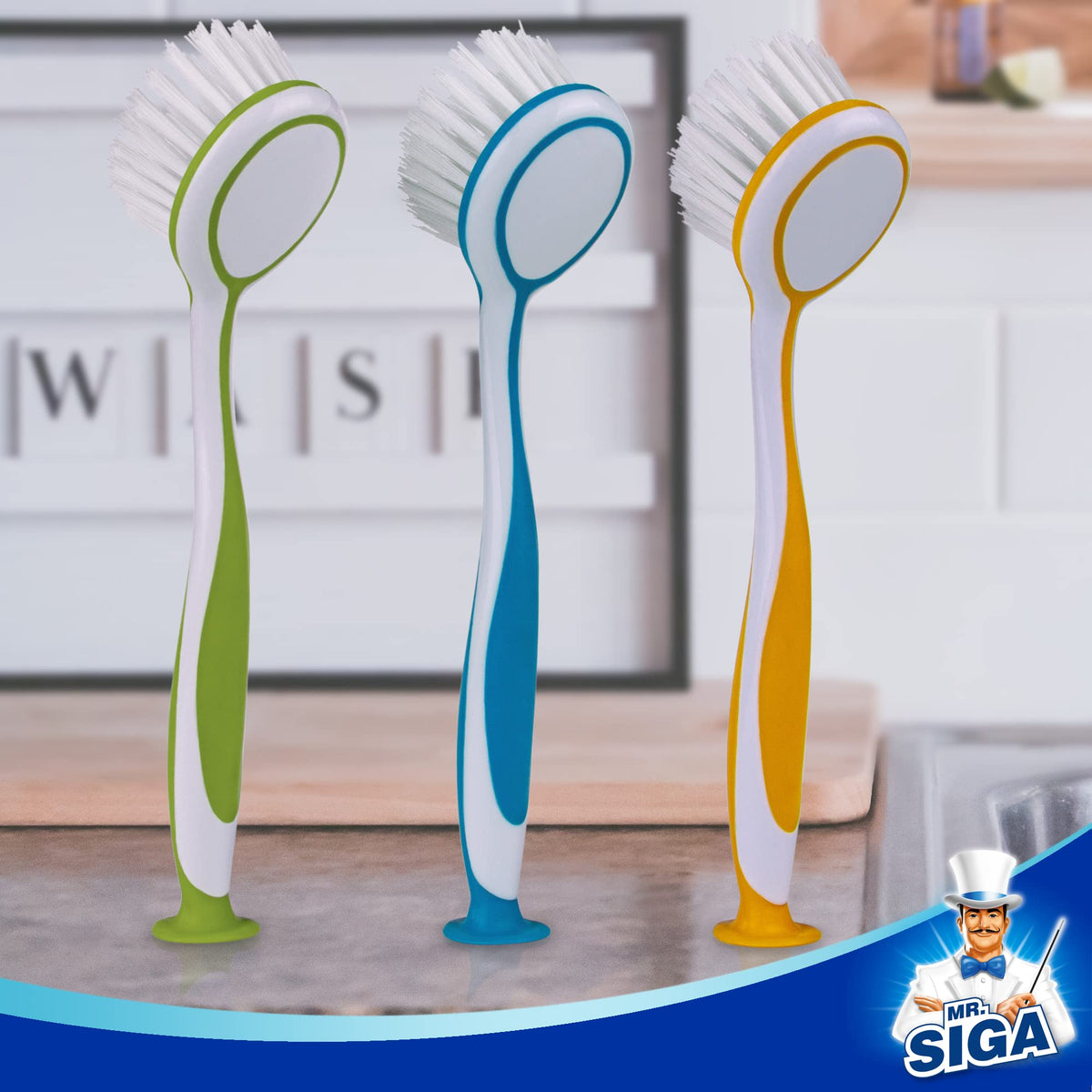 MR.SIGA Round Dish Brush stored on sink, ready for quick cleanup.