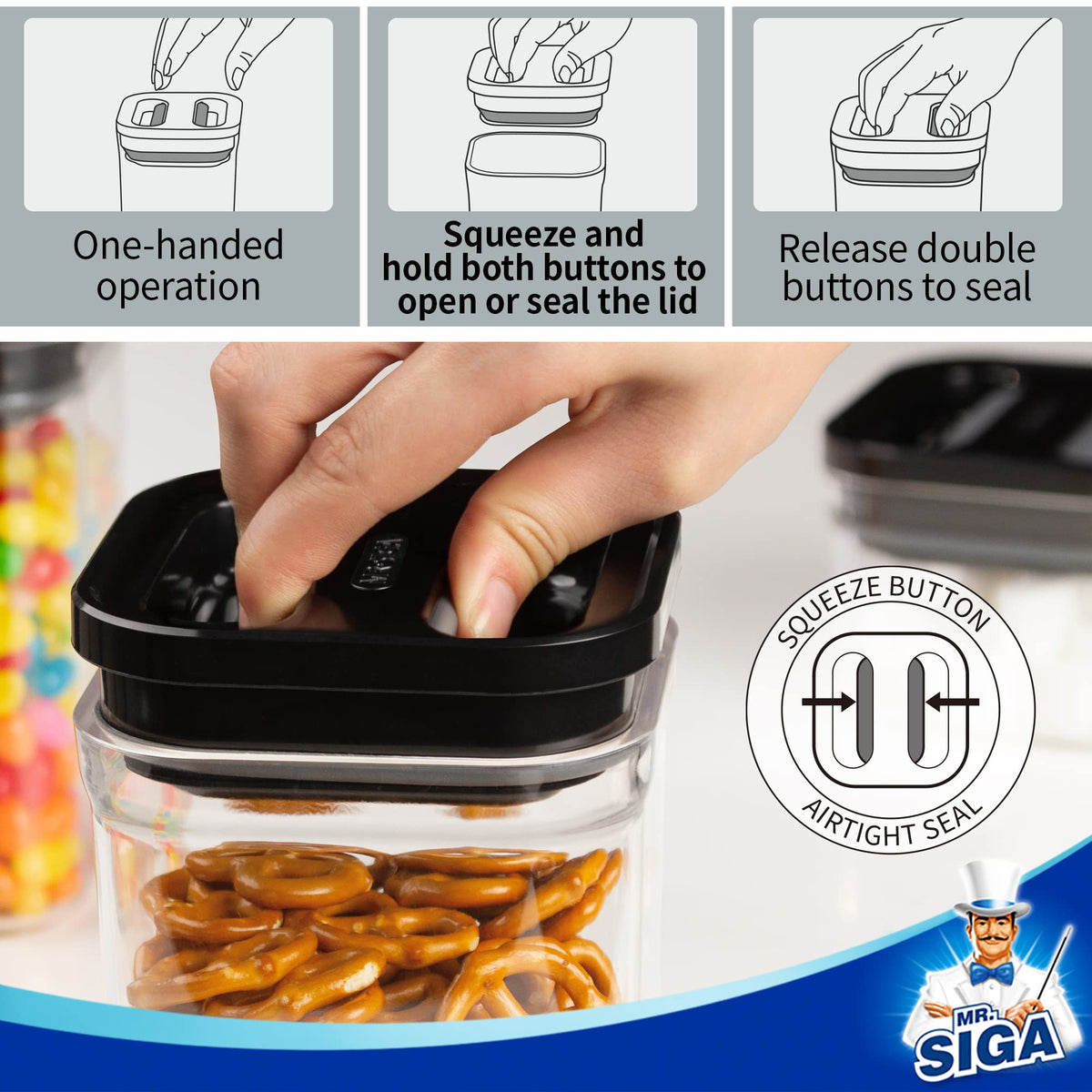 MR.SIGA stackable design saves cabinet space.