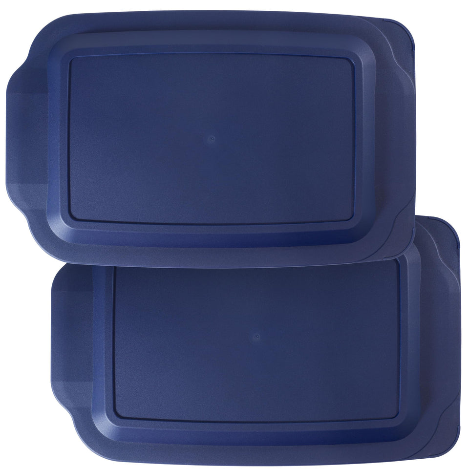 MRX Solutions Pyrex 233 navy lid front view with secure tab handles for 9x13 dishes