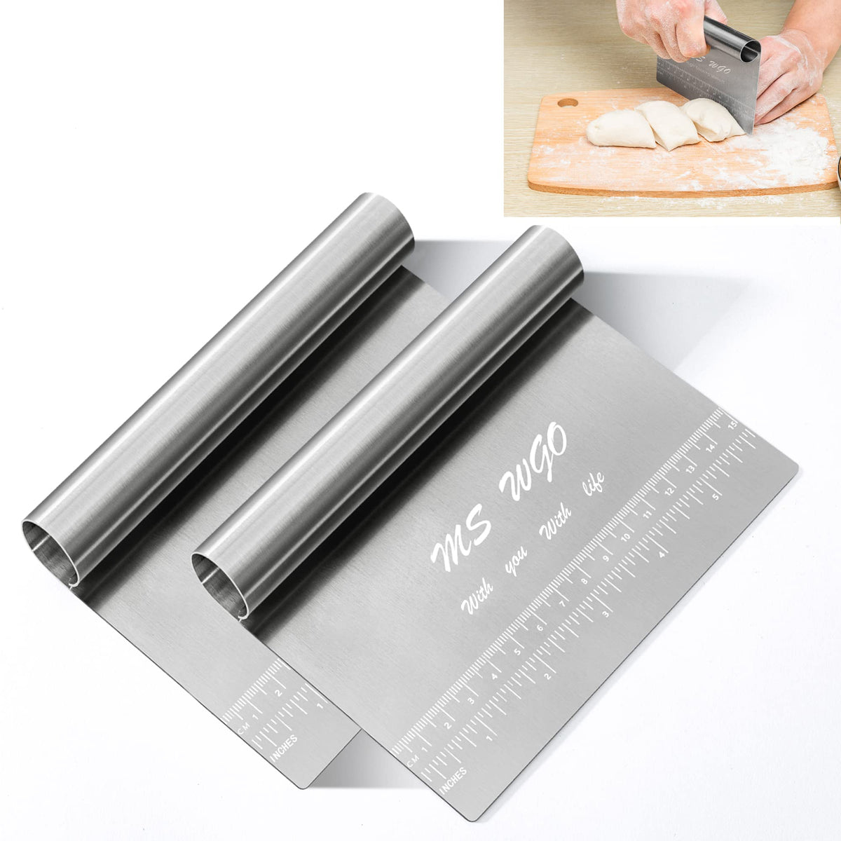 MS WGO Pro dough scraper and pastry cutter in a sleek, rust-resistant finish for precise dough work.