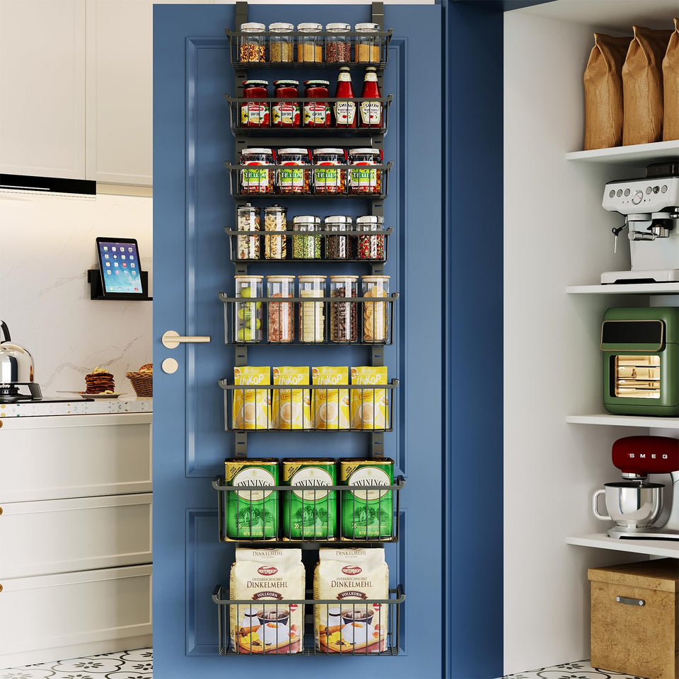 MSERCUOR 8-tier over-the-door organizer mounted on a pantry door for organized storage.
