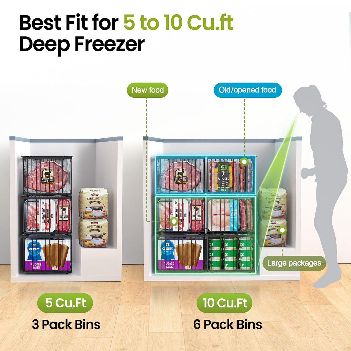 MSERCUOR black freezer storage baskets with handles simplify lifting and shelving.