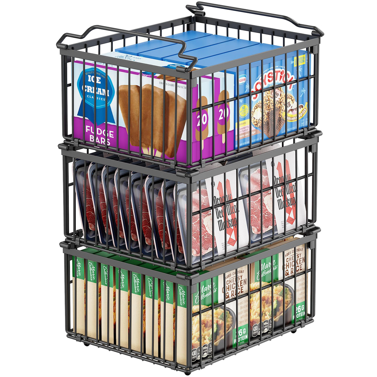 MSERCUOR freezer bin stackable 3-pack keeps groceries organized and easy to access.