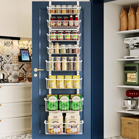 MSERCUOR Over-the-Door Organizer front view showing eight adjustable baskets for versatile storage.