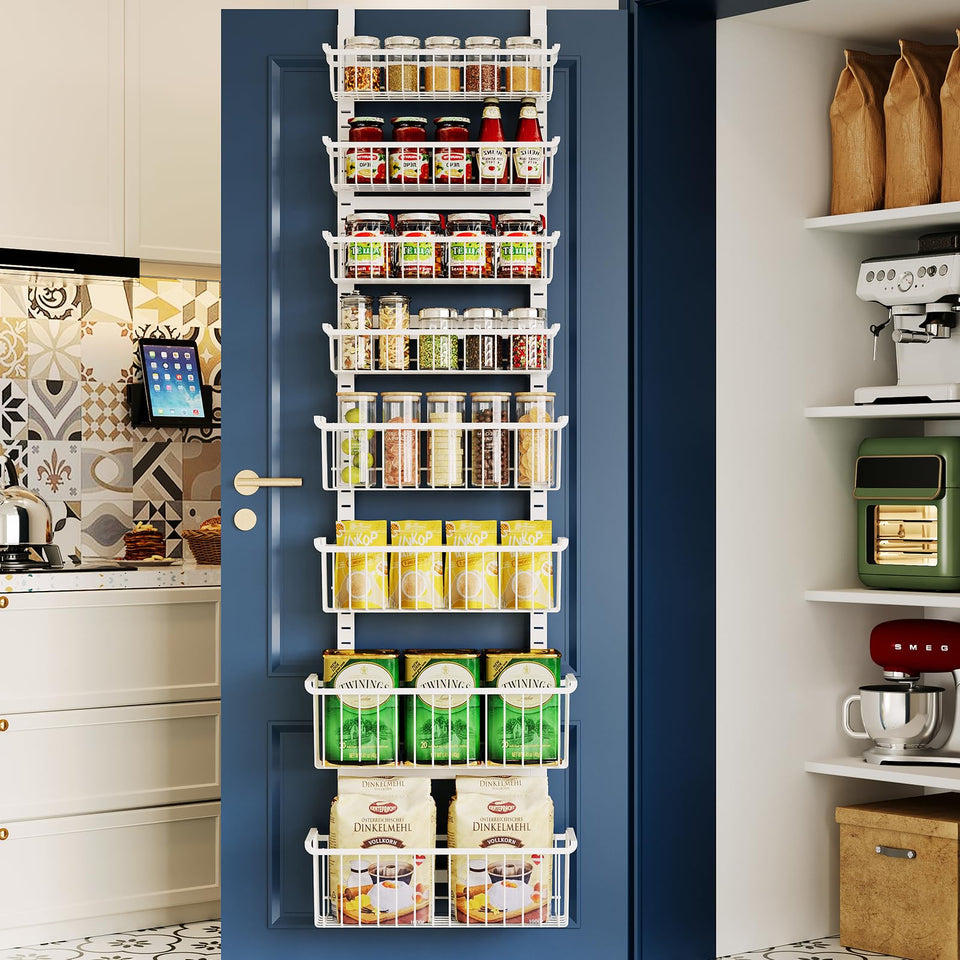 MSERCUOR Over-the-Door Organizer front view showing eight adjustable baskets for versatile storage.