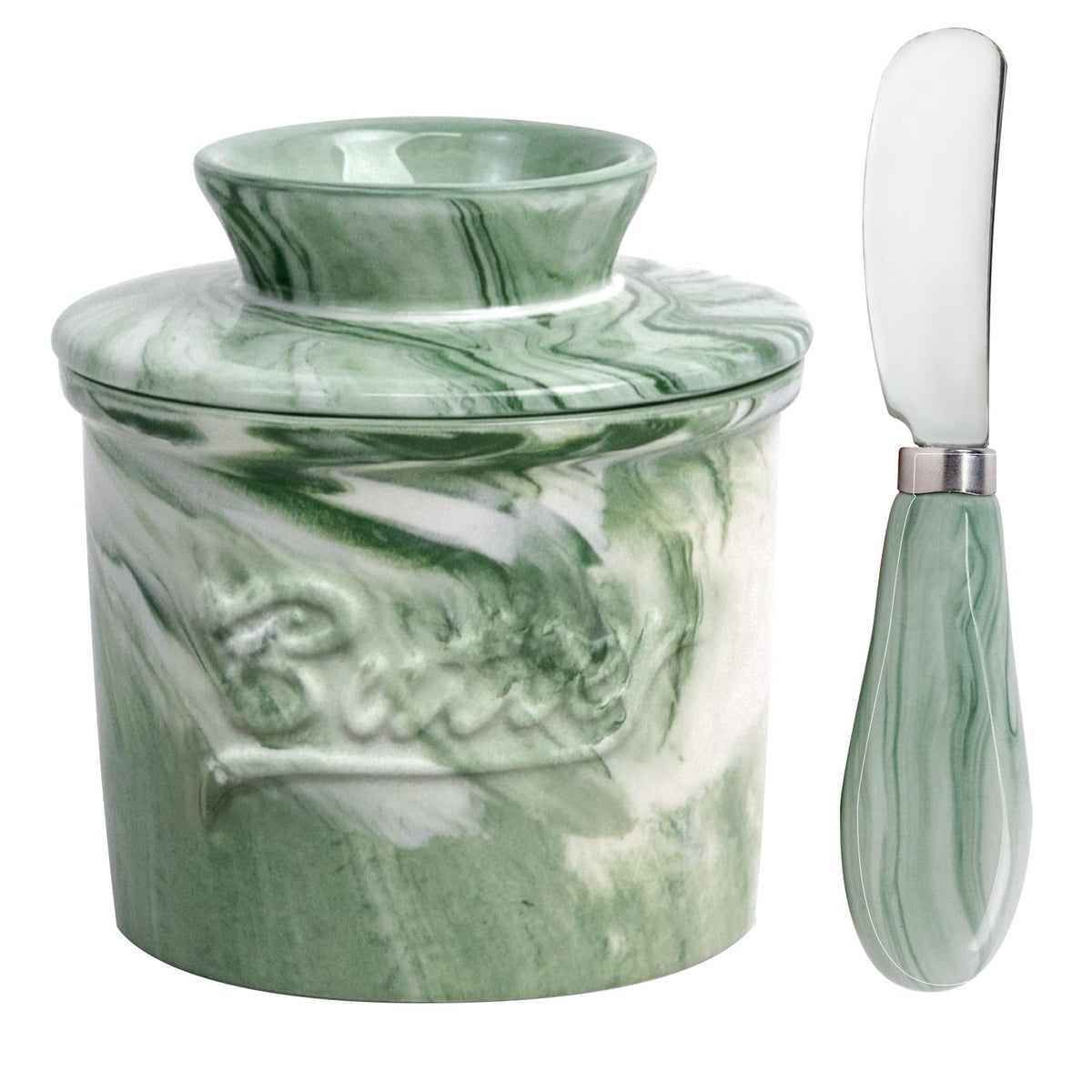 MSJGA ceramic butter crock lid with inverted design showing airtight sealing for fresh room-temperature butter