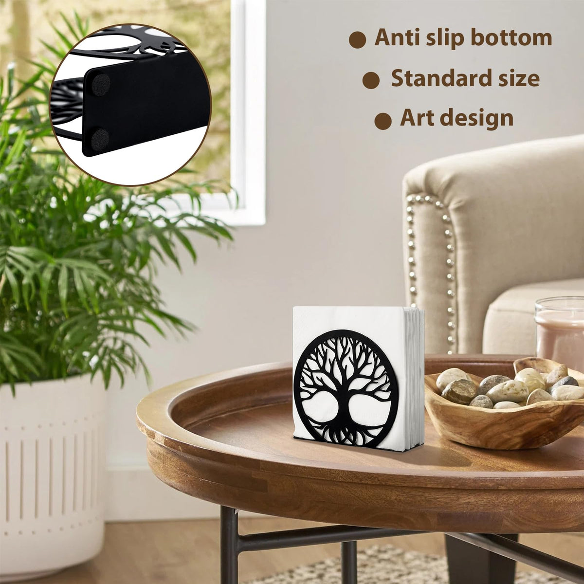 MSJGA vertical-dispense napkin holder keeps napkins neatly organized.