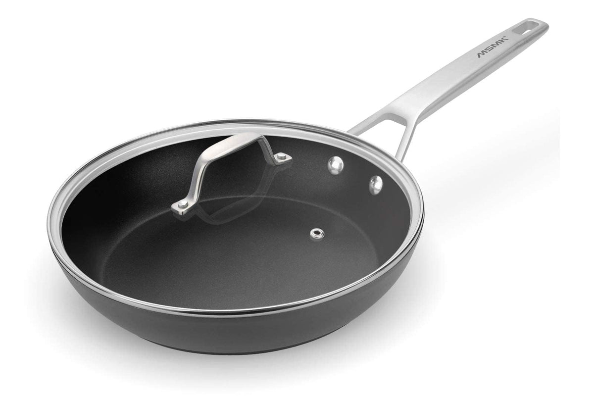 MsMk 10-inch frying pan with lid on stovetop ensures even heating for searing