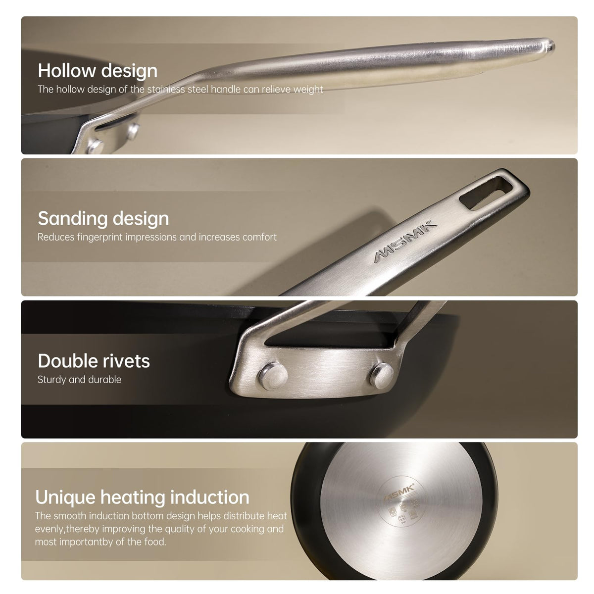 MsMk pan bottom with smooth 4mm steel promotes even heat distribution.