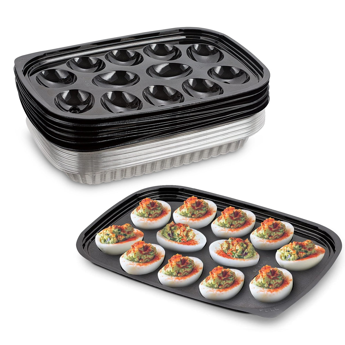 MT Products clear deviled egg container holds 12 egg halves securely for prep and display